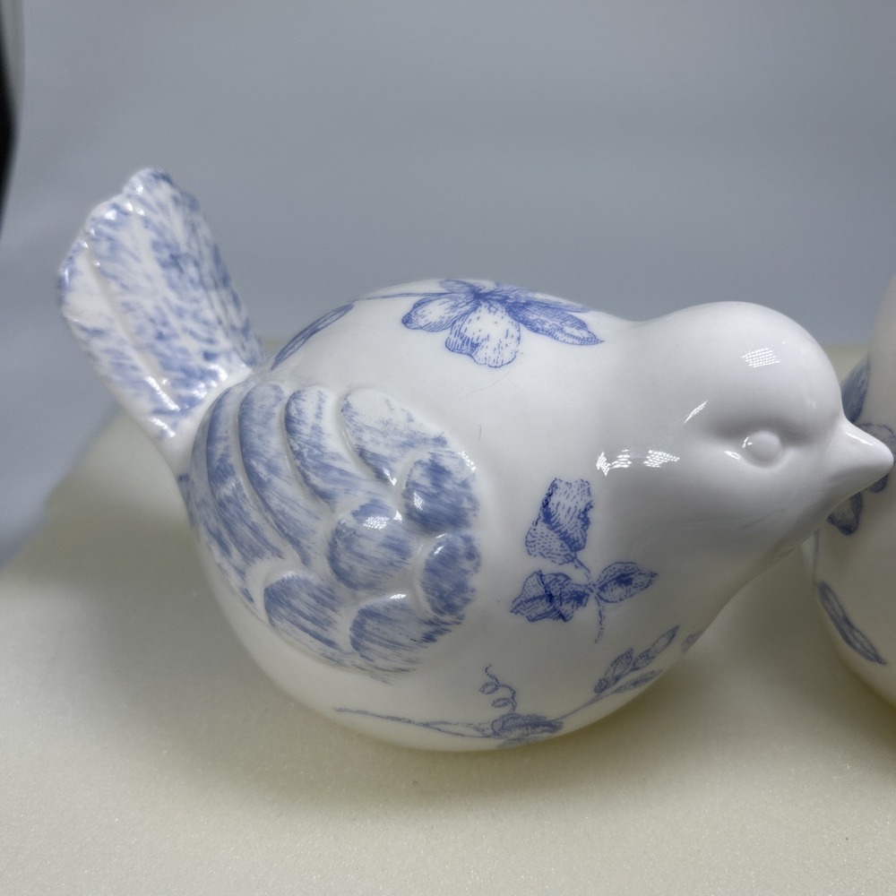 Ceramic Birds Set of 2 White Porcelain Blue Floral English Cottage - Picture 2 of 8